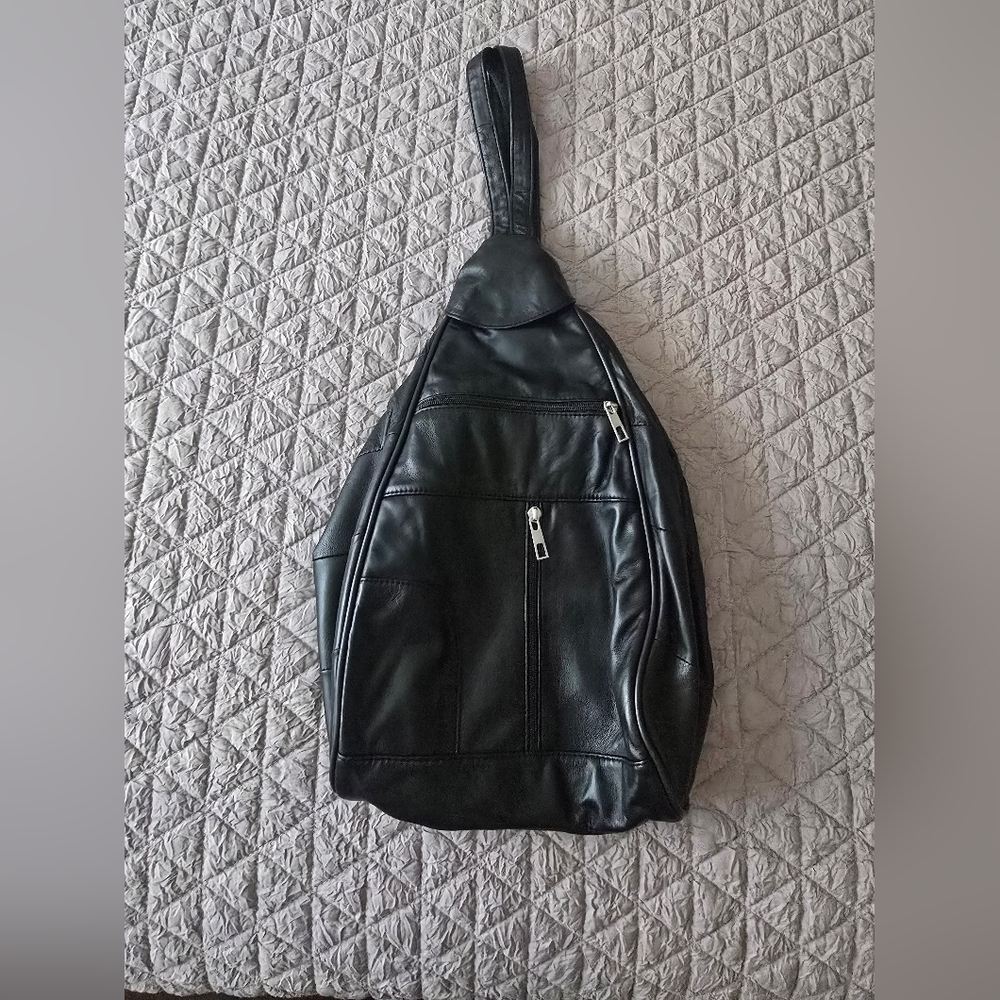 Vintage Black Leather Large Crossbody Sling Bag Organizer  Messenger Travel